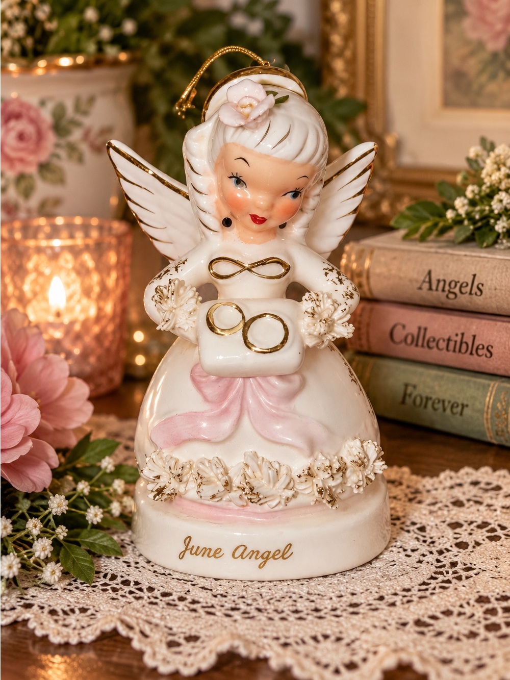 Vintage June Angel Porcelain Figurine Wedding Rings Pink Gold Birthday Angel